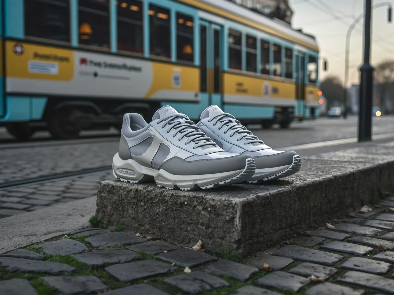 Sneaker auf einer Betonstufe in einer Schweizer Stadtstrasse im Morgenlicht, illustrativ dargestellt.