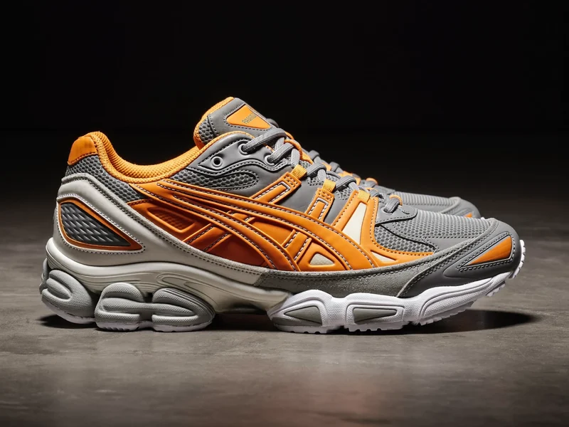 Retro-Runner in Grau und Orange mit Veloursleder und Mesh, seitlich auf mattem Boden.