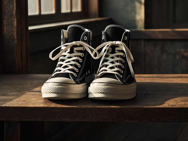 Schwarzer Canvas-High-Top mit weisser Gummikappe auf einer verwitterten Holzbank.