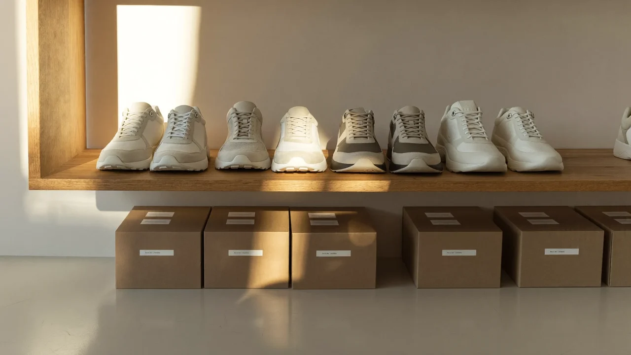 Aufgereihte Sneakerpaare auf einem Wandregal in einem ruhigen Lager, darunter unbeschriftete Kartons.