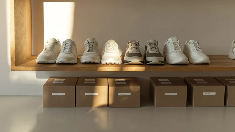 Aufgereihte Sneakerpaare auf einem Wandregal in einem ruhigen Lager, darunter unbeschriftete Kartons.